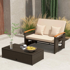 Tangkula Patio Rattan Daybed Set with Cushioned Loveseat and Storage Ottoman