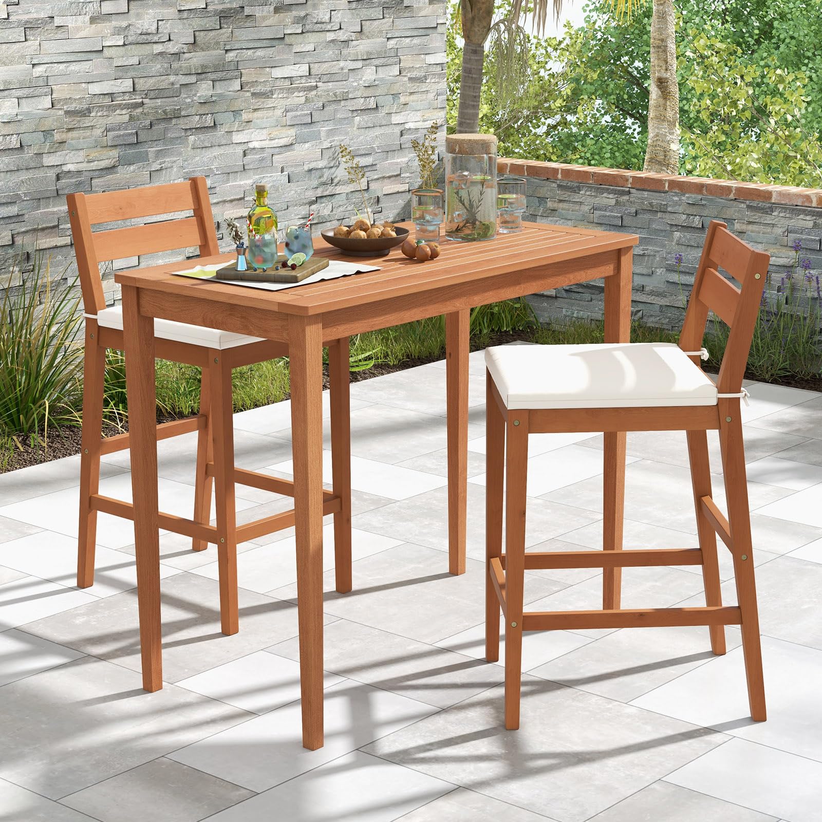 Tangkula 3 Pieces Patio Eucalyptus Wood Bar Set, Outdoor Bar Height Table and Chairs Set with Cushions