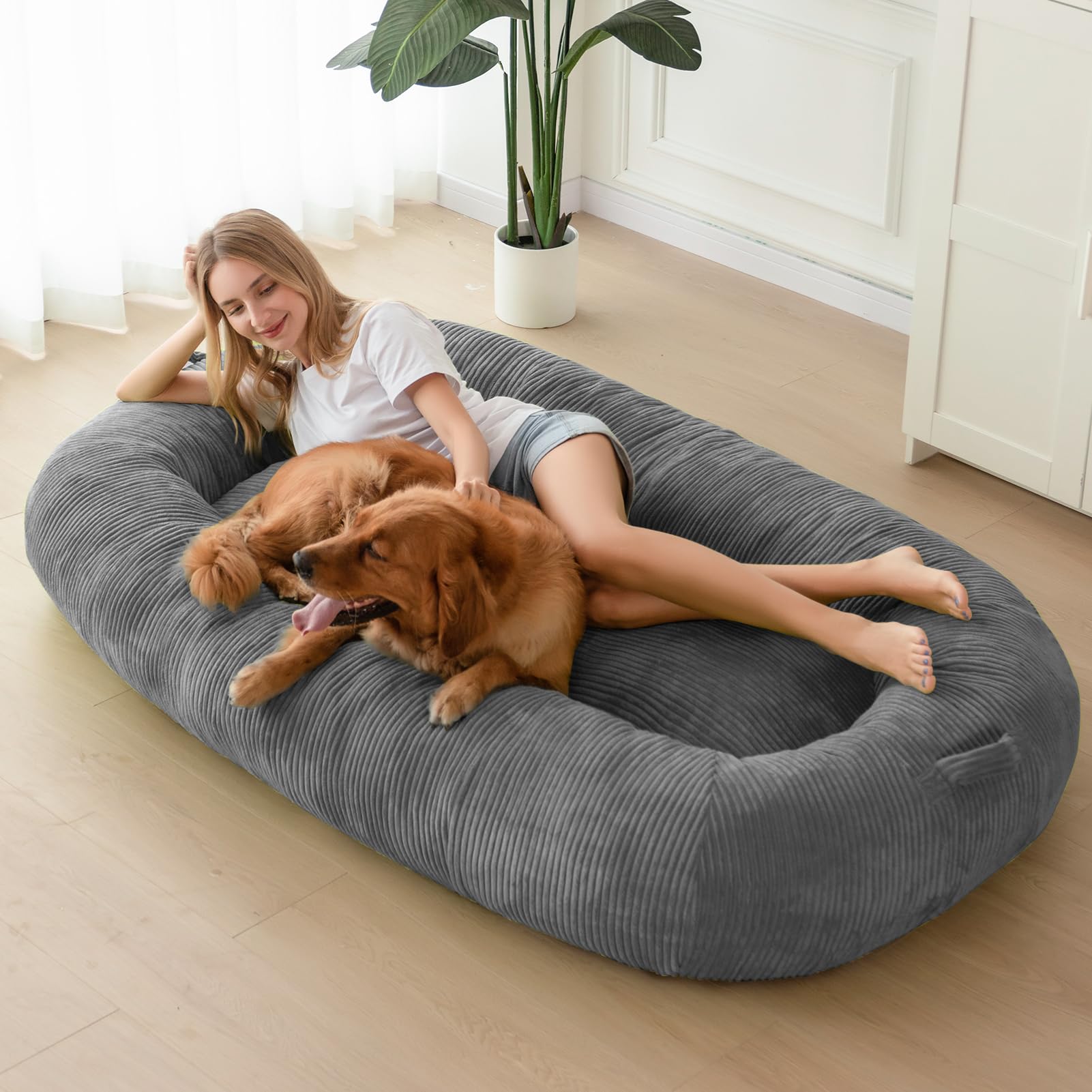 MAXYOYO Human Dog Bed, Corduroy Giant Bean Bag Dog Bed for Humans and Pets, Dark Grey