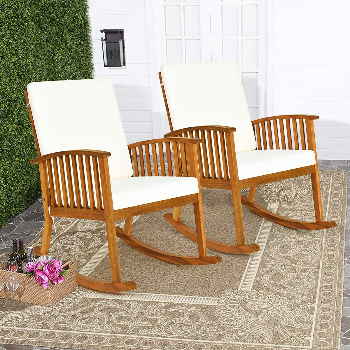 Tangkula 3 Piece Wood Patio Rocking Chair Set, Outdoor Acacia Wood Rocker Set with Round Table