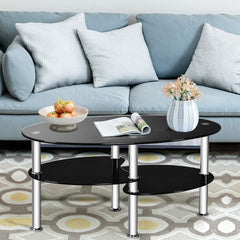 Glass Coffee Table, 2-Tier Modern Oval Smooth Glass Tea Table End Table