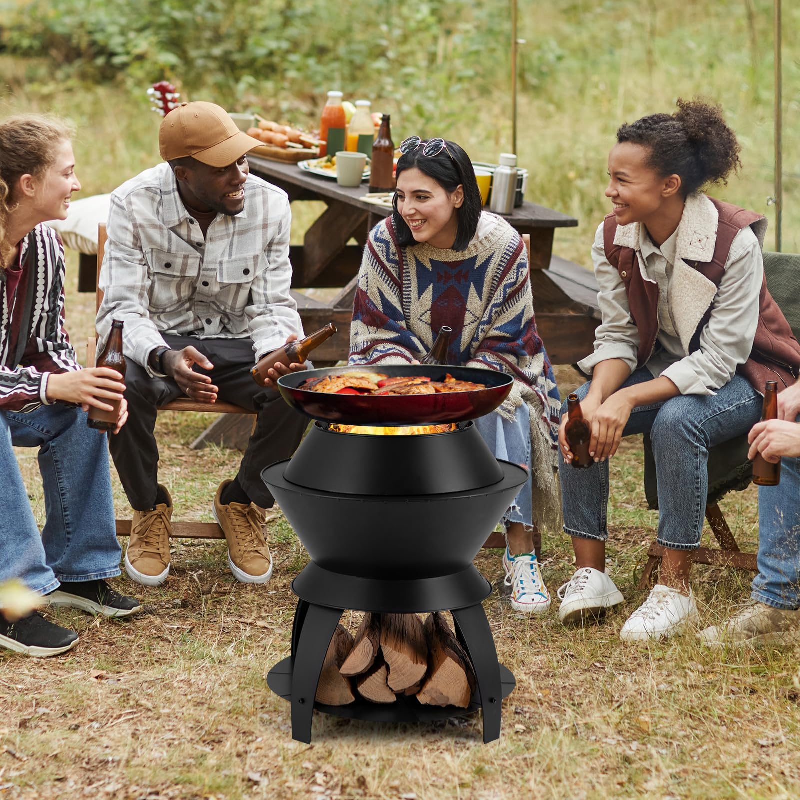 Tangkula Outdoor Fire Pit, 20 Inch Metal Fire Bowl with Pot Holder & Storage Shelf, Smokeless Oxygen-Enriched Burning