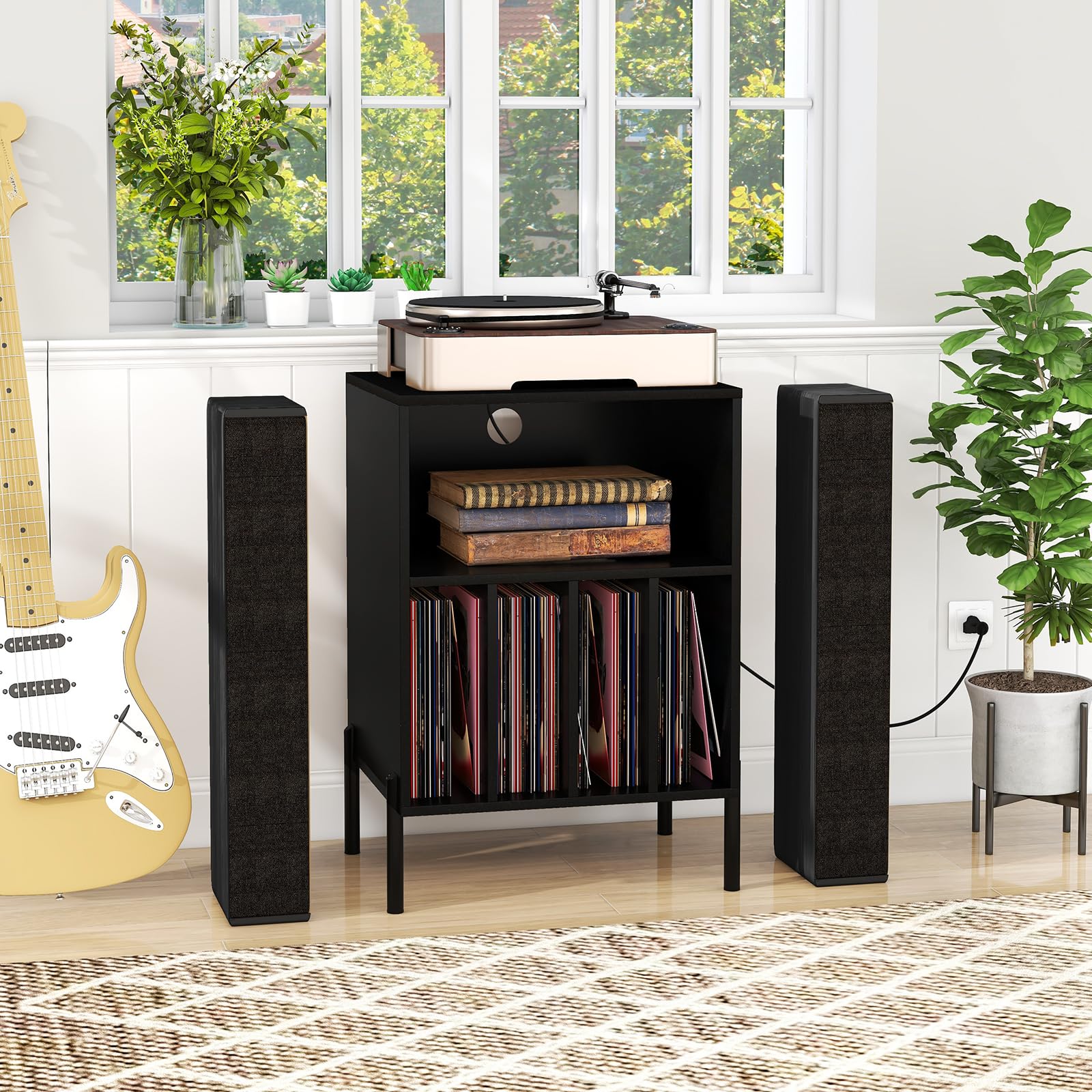 Tangkula Record Player Stand, Turntable Side Table Nightstand w/ Charging Station(Black, 31" H)