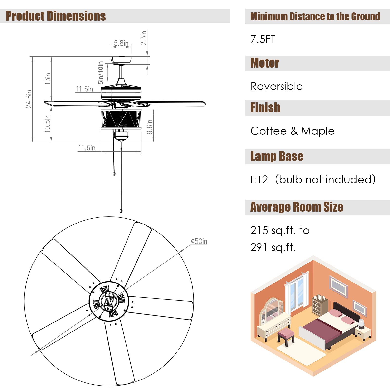 50-Inch Ceiling Fan with Lights, 3-Speed Adjustable (Coffee)