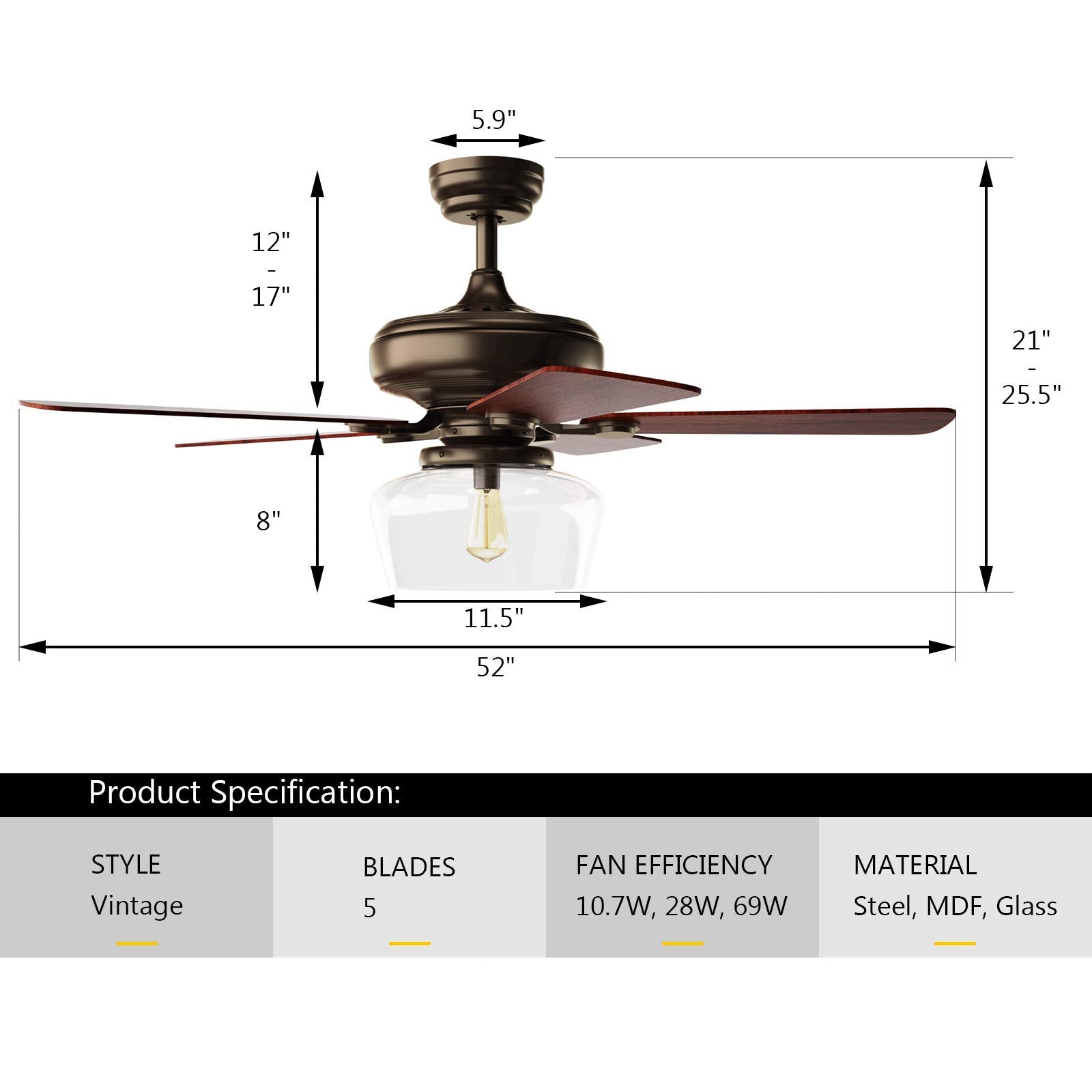 Tangkula Vintage Ceiling Fan with Light, 52-Inch Indoor Ceiling Fan with Glass shade, LED Ceiling Fan (Espresso)