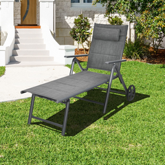 Tangkula Patio Chaise Lounge W/Wheels, Outdoor Folding Padded Lounge Chair W/ 7-Position Backrest, Removable Headrest