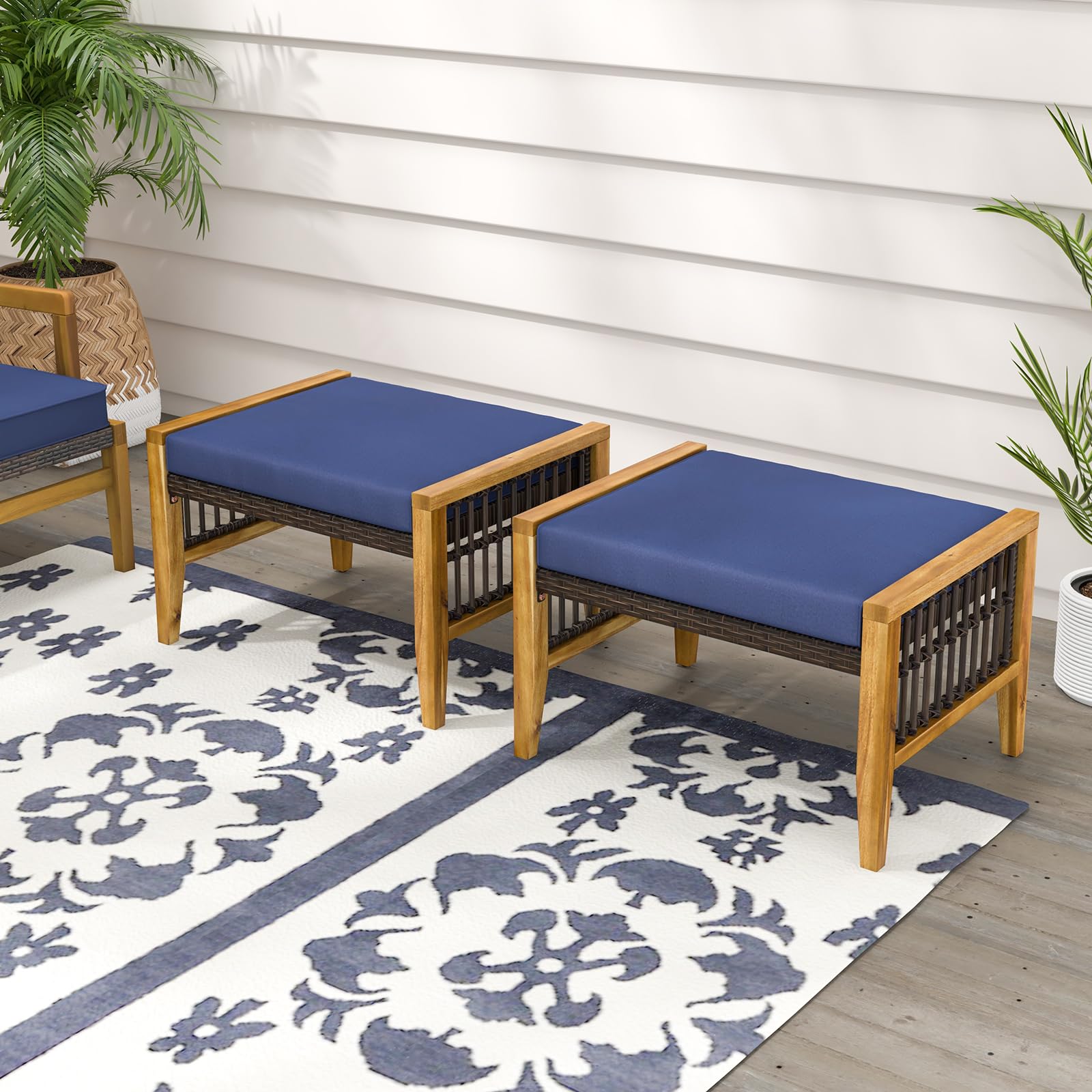 Tangkula Set of 2 Outdoor Ottomans, Patio Acacia Wood Ottomans with Cushions (Navy)