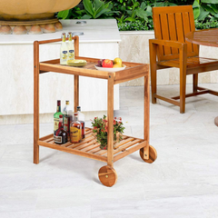 Tangkula Outdoor Acacia Wood Serving Cart, Patio Bar Cart Rolling Trolley Cart with 2 Trays, Portable Kitchen Serving Cart w/Wheels