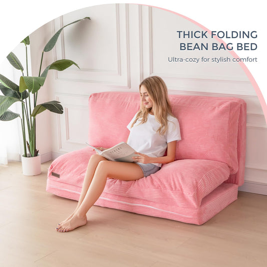 MAXYOYO Bean Bag Folding Sofa Bed with Corduroy Washable Cover, Extra Thick and Long Floor Sofa for Adults, Pink