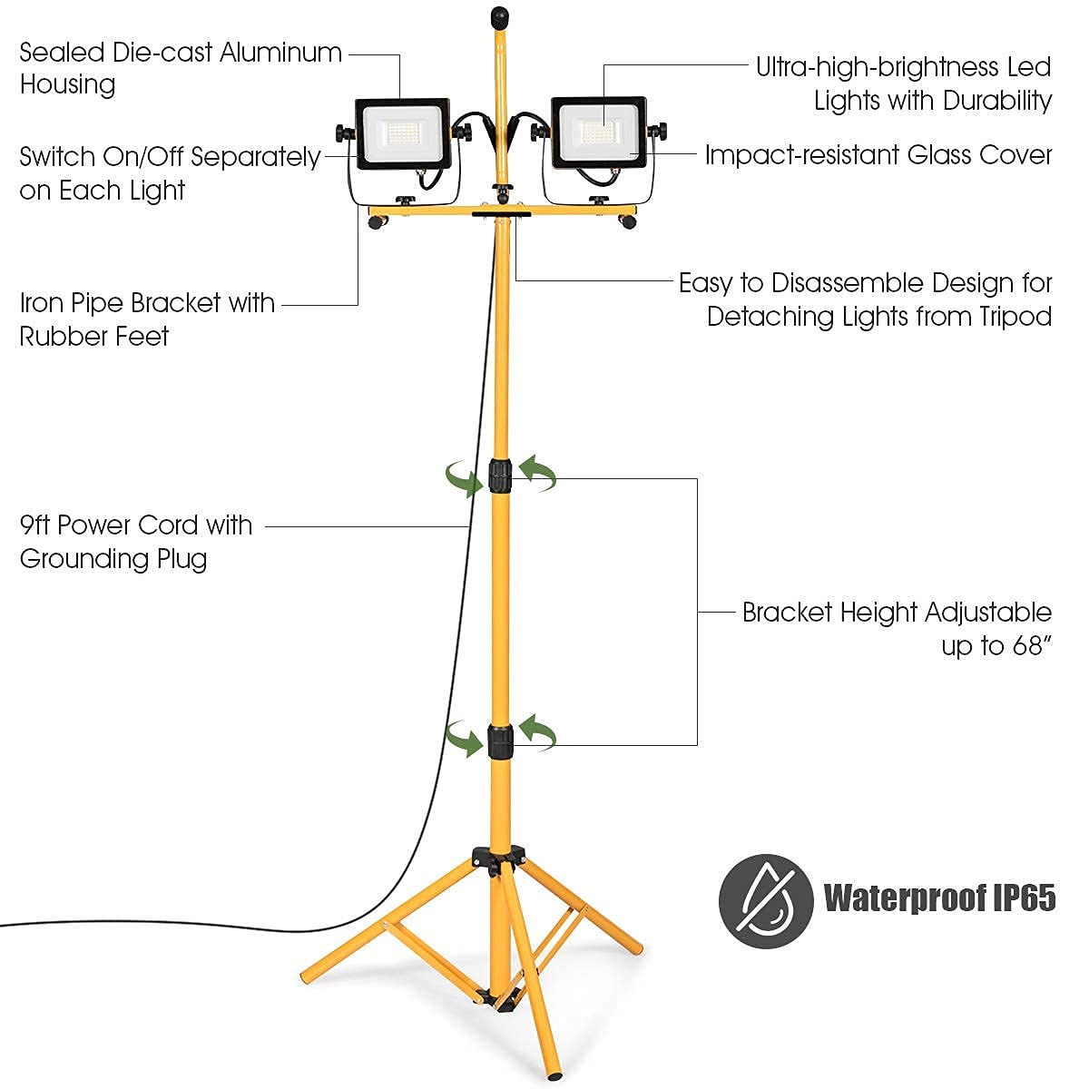 Tangkula 6000/10000/20000 Lumen LED Dual-Head Work Light, Adjustable Metal Telescopic Tripod Stand