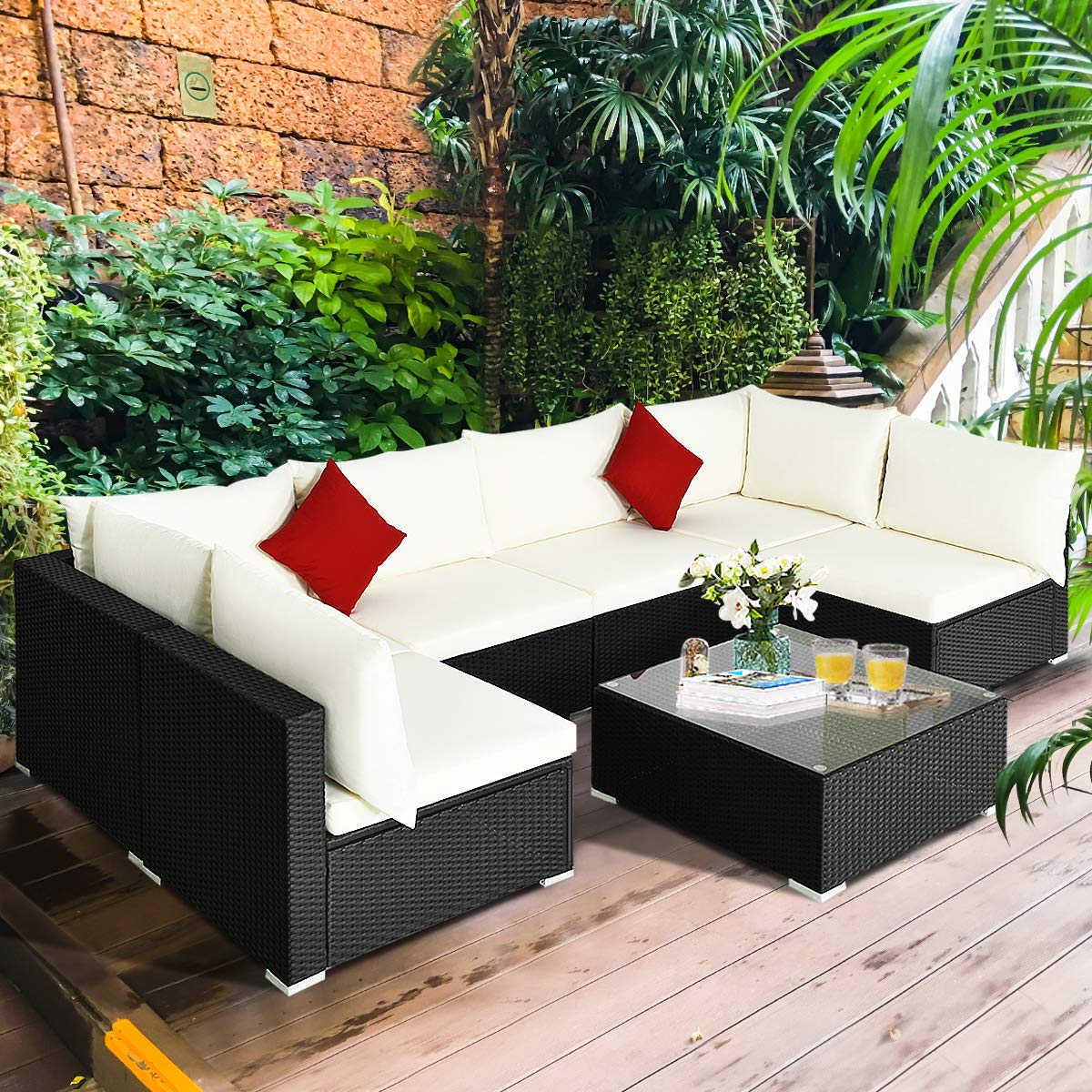 Tangkula 7 Piece Patio Furniture Set, Outdoor Sectional Sofa with 2 Pillows and Cushions