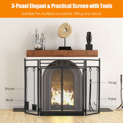 3-Panel Folding Fireplace Screen with Magnetic Hinged Doors, Mesh Cover with Wood Burning Stove Accessories, Black