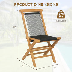 Tangkula 2 Piece Patio Folding Chairs, Solid Teak Wood Dining Chairs with Woven Rope Seat & Back