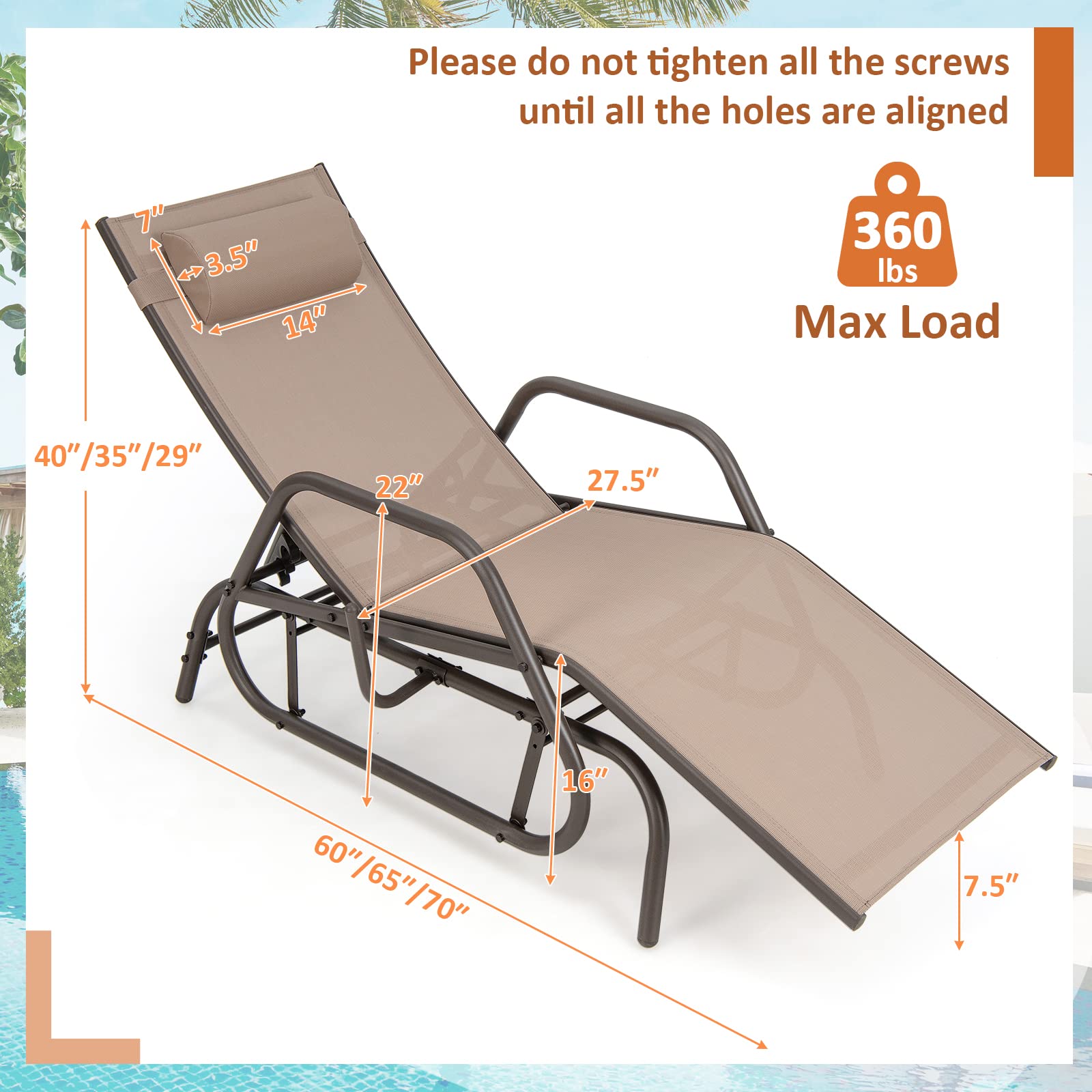 Tangkula Outdoor Chaise Lounge Glider Chair with Armrests and Pillow