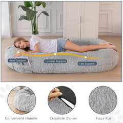 MAXYOYO Human Dog Bed, Long Faux Fur Giant Bean Bag Bed for Humans and Pets, Faux Fur Grey