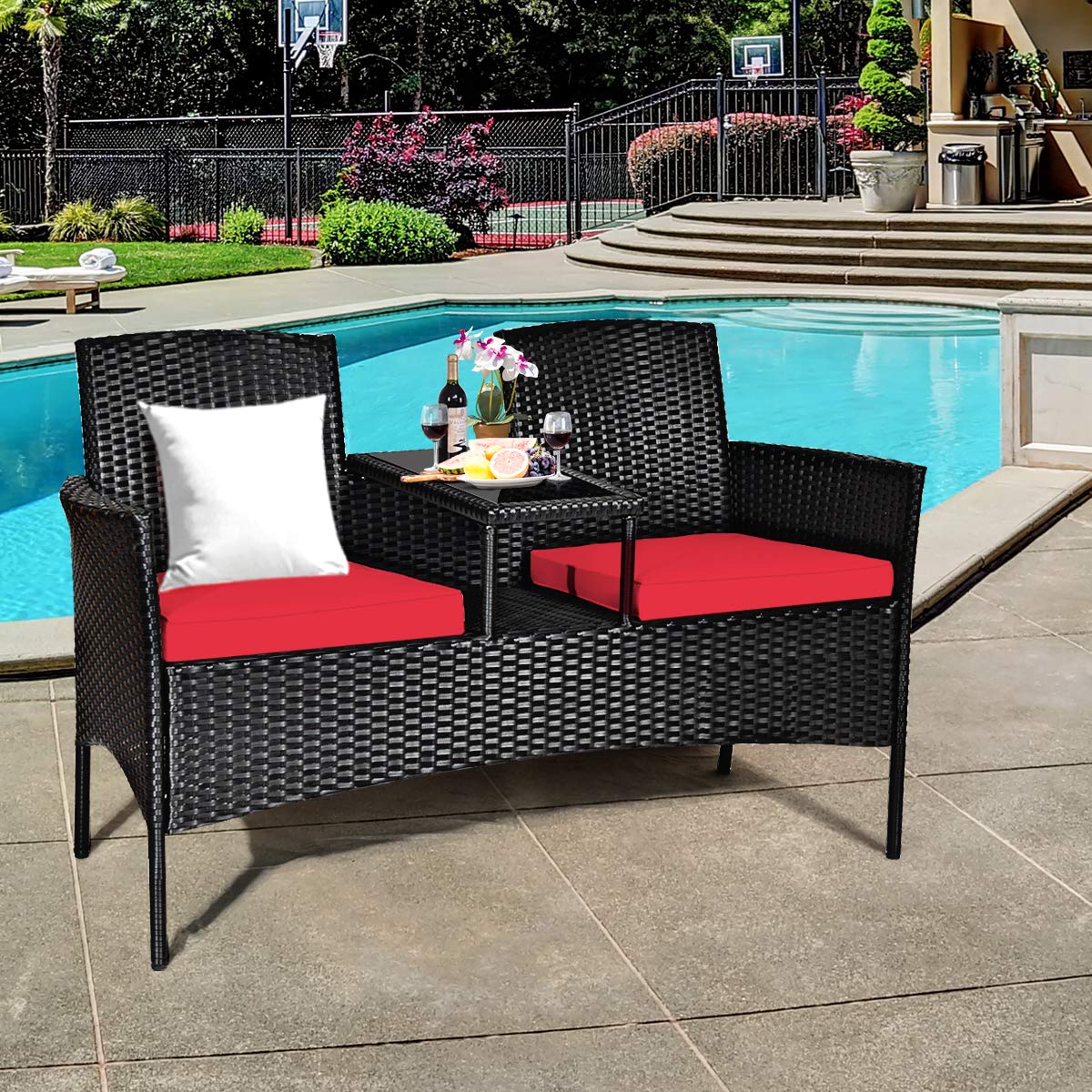 Wicker Patio Conversation Furniture Set, Outdoor Furniture Set with Removable Cushions & Table