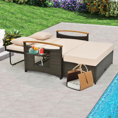 Tangkula Patio Rattan Daybed Set with Cushioned Loveseat and Storage Ottoman