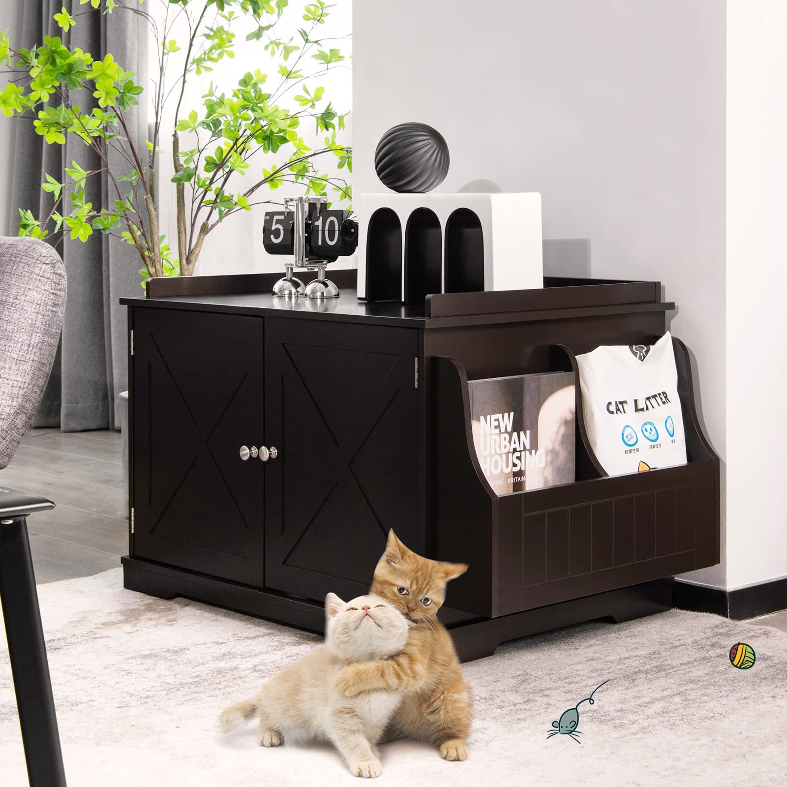 Tangkula Cat Litter Box Enclosure, Wooden Cat House Side Table w/Removable Divider