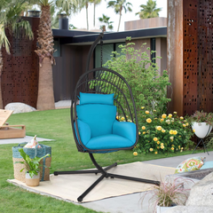 Tangkula Patio Egg Chair with Stand, Hanging Egg Swing Chair with Removable Pillow & Cushion