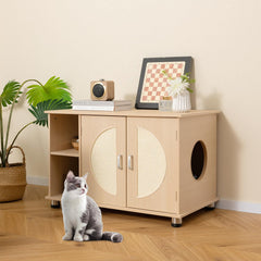 Tangkula Cat Litter Box Enclosure, Hidden Cat Washroom with Storage Shelf, Sisal Scratching Doors