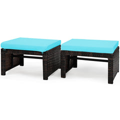 2 Pieces Patio Rattan Ottomans, All Weather Outdoor Footstool Footrest Seat with Soft Cushion