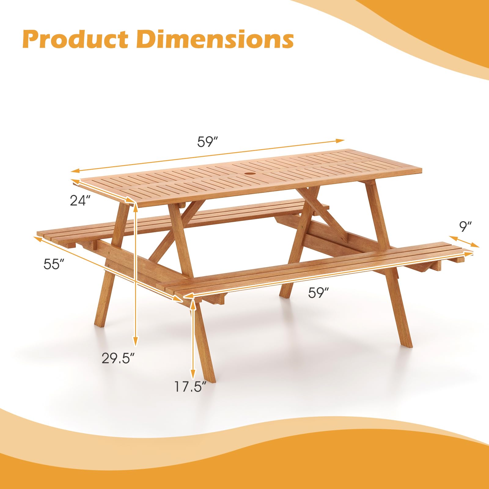 Tangkula Picnic Table with 2 Benches, Outdoor Hardwood Picnic Table Bench Set with 2-Inch Umbrella Hole, Slatted Tabletop & Seat