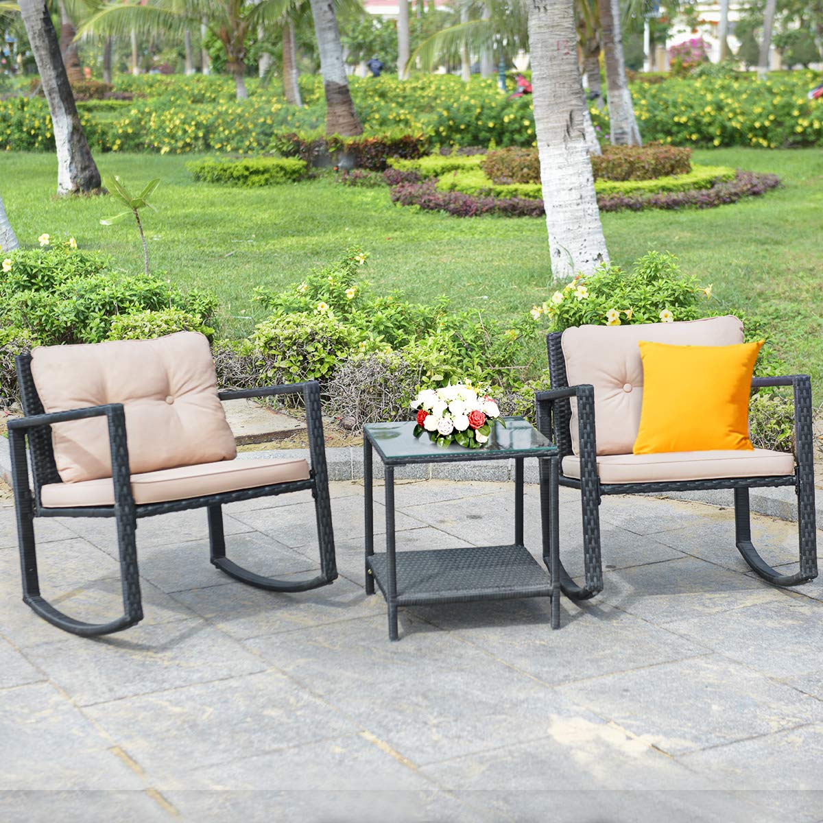 3 PCS Wicker Rocking Set, Outdoor Rocking Chairs and Table Set with Cushions