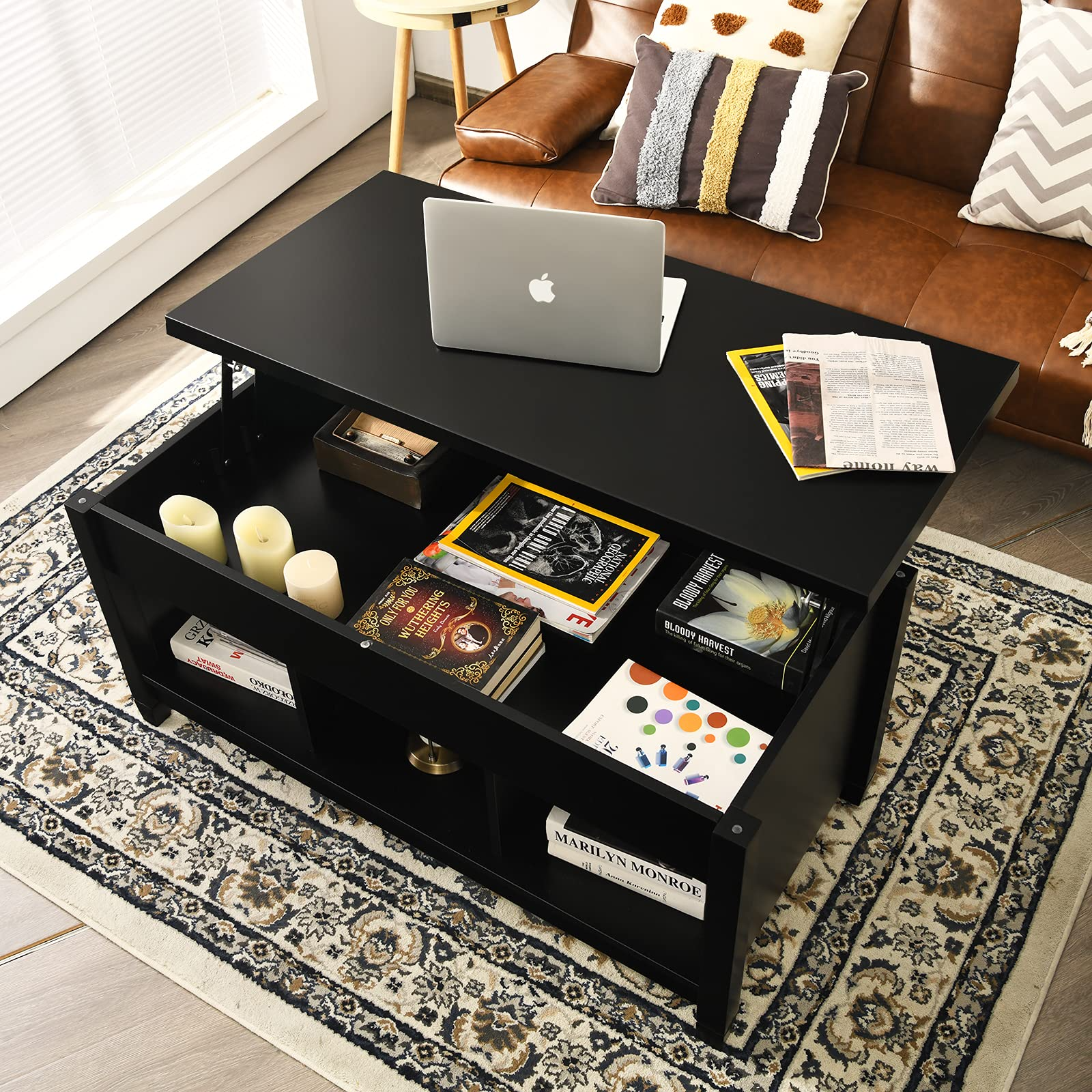 TANGKULA Modern Coffee Table w/Hidden Compartment and Open Storage Shelf for Living Room Office Reception Room