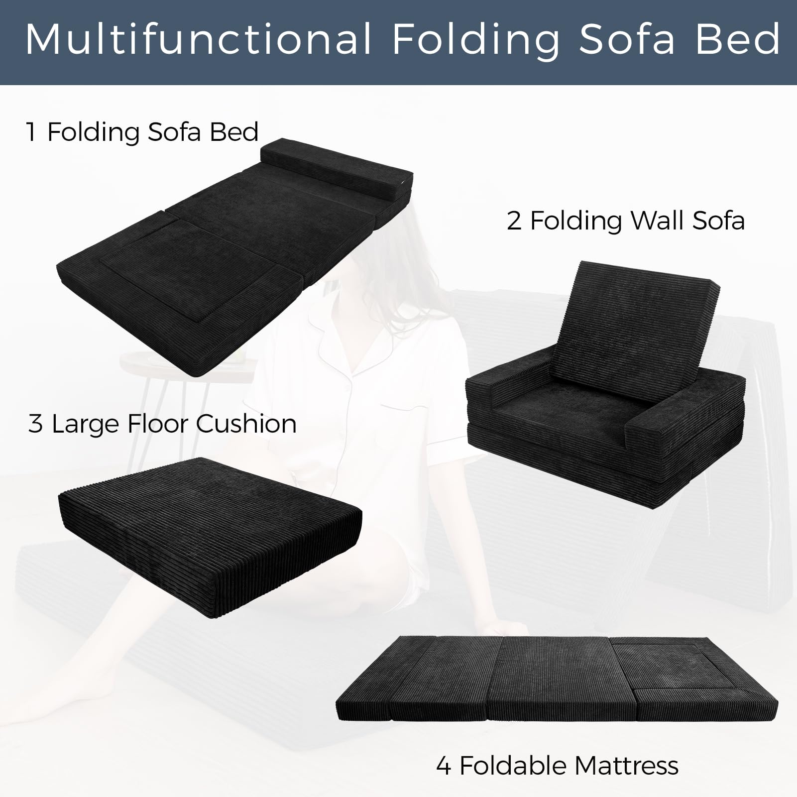 MAXYOYO Multifunctional Folding Sofa Bed, Portable Foldable Sleeper Sofa Floor Couch Futon Mattress for Guest Room, Black