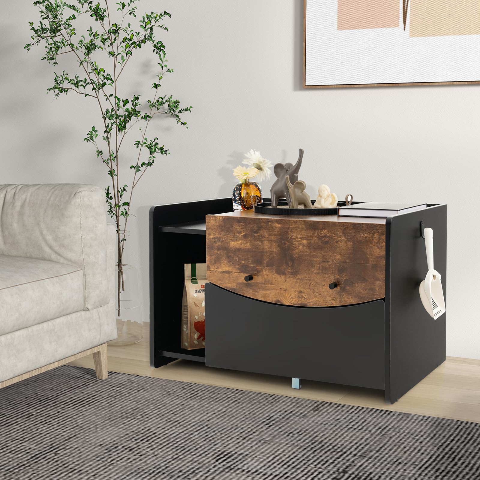 Tangkula Litter Box Enclosure, Hidden Cat Washroom with Pull-Out Drawer, Rolling Caster, Flip Door (Black+Rustic Brown)