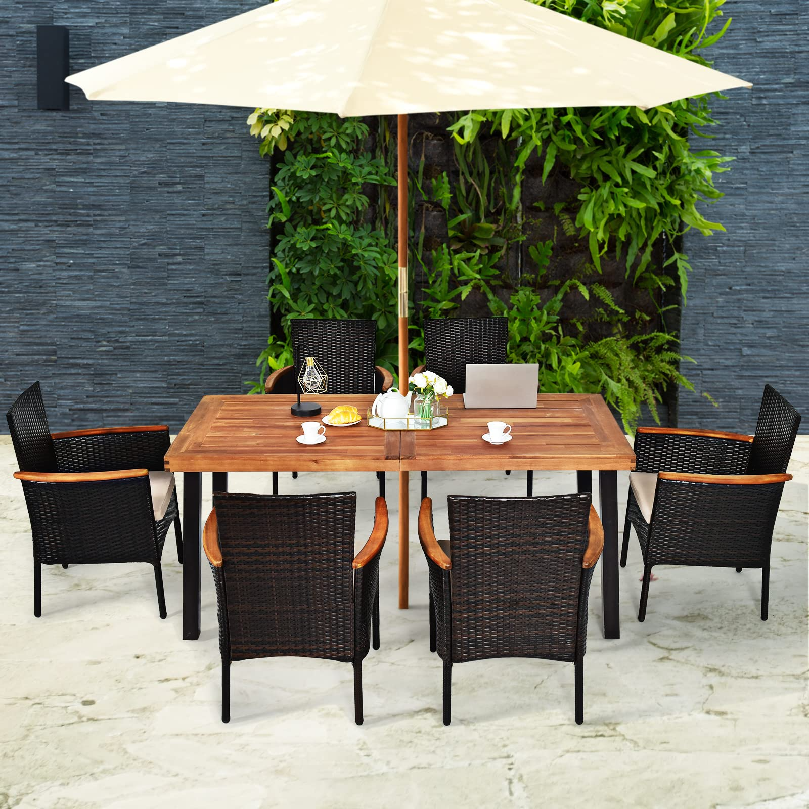 Tangkula 7 Pieces Patio Dining Set, Patiojoy Outdoor Conversation Set w/Acacia Wood Top Table & 6 Stackable Rattan Chairs