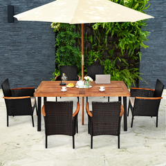 Tangkula 7 Pieces Patio Dining Set, Patiojoy Outdoor Conversation Set w/Acacia Wood Top Table & 6 Stackable Rattan Chairs