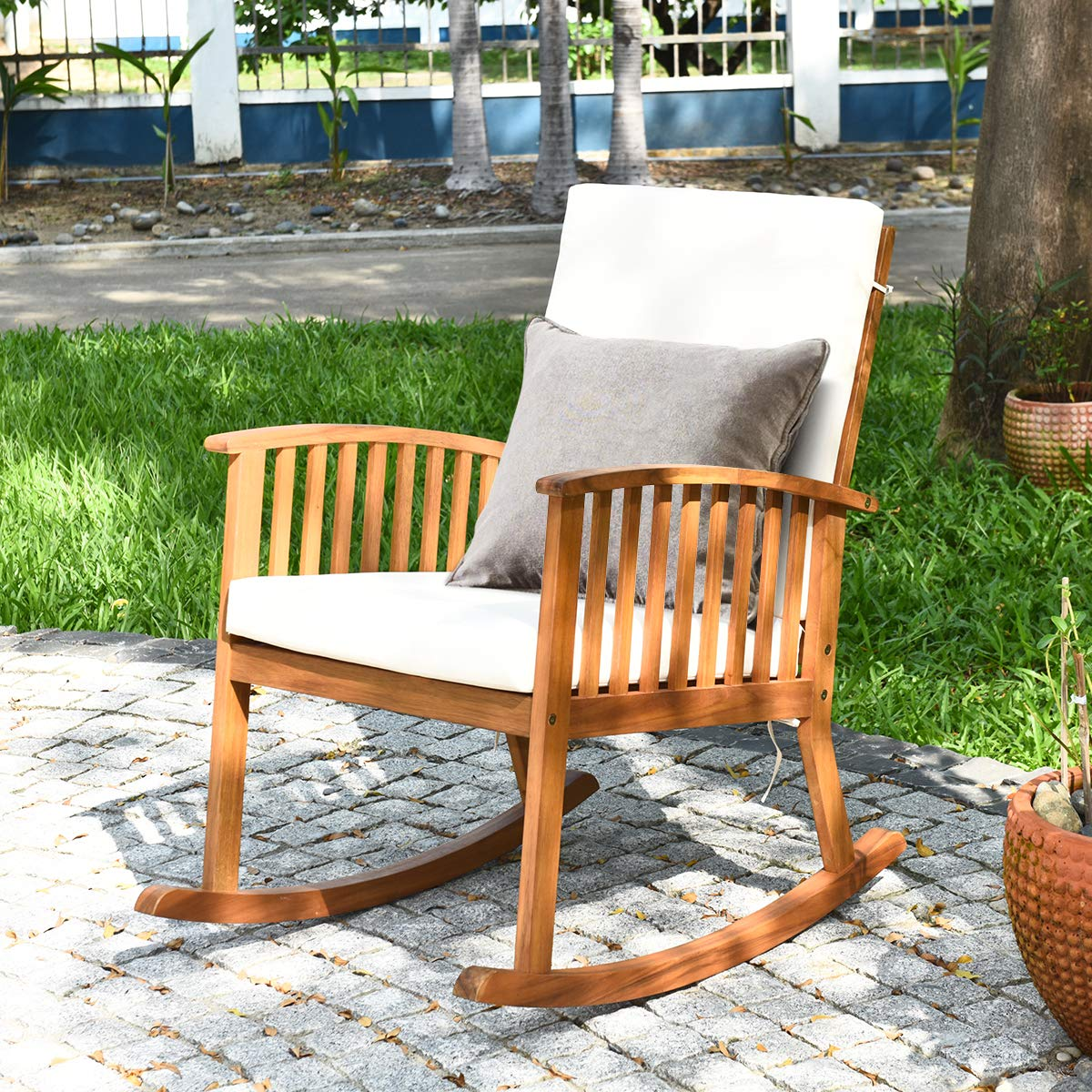 Tangkula Outdoor Acacia Wood Rocking Chair, Wooden Rocker w/Detachable Washable Cushions