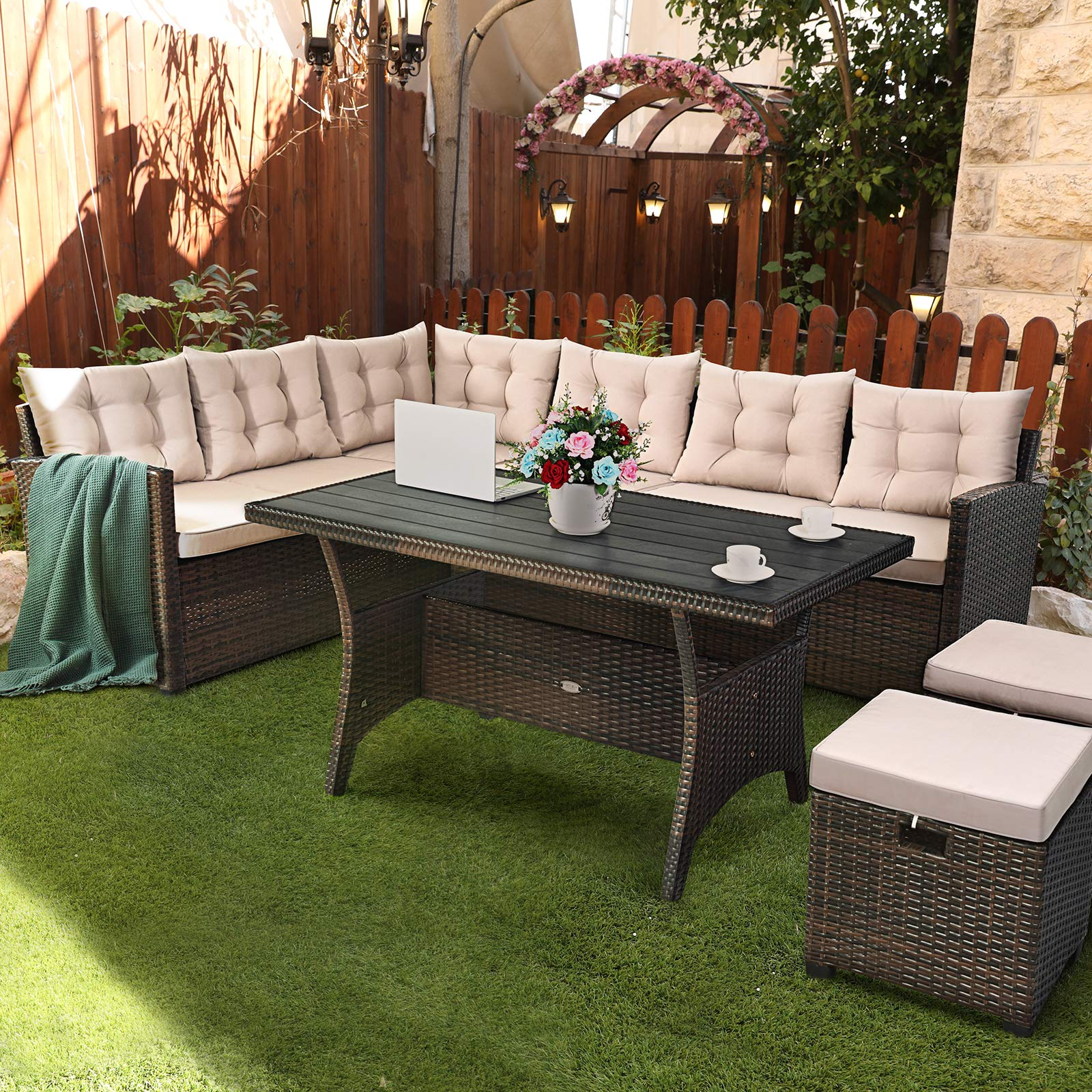 Tangkula 5 PCS Patio Furniture Set, Outdoor Conversation Set with 6 Cushioned Seat 2 Ottomans & Coffee Table