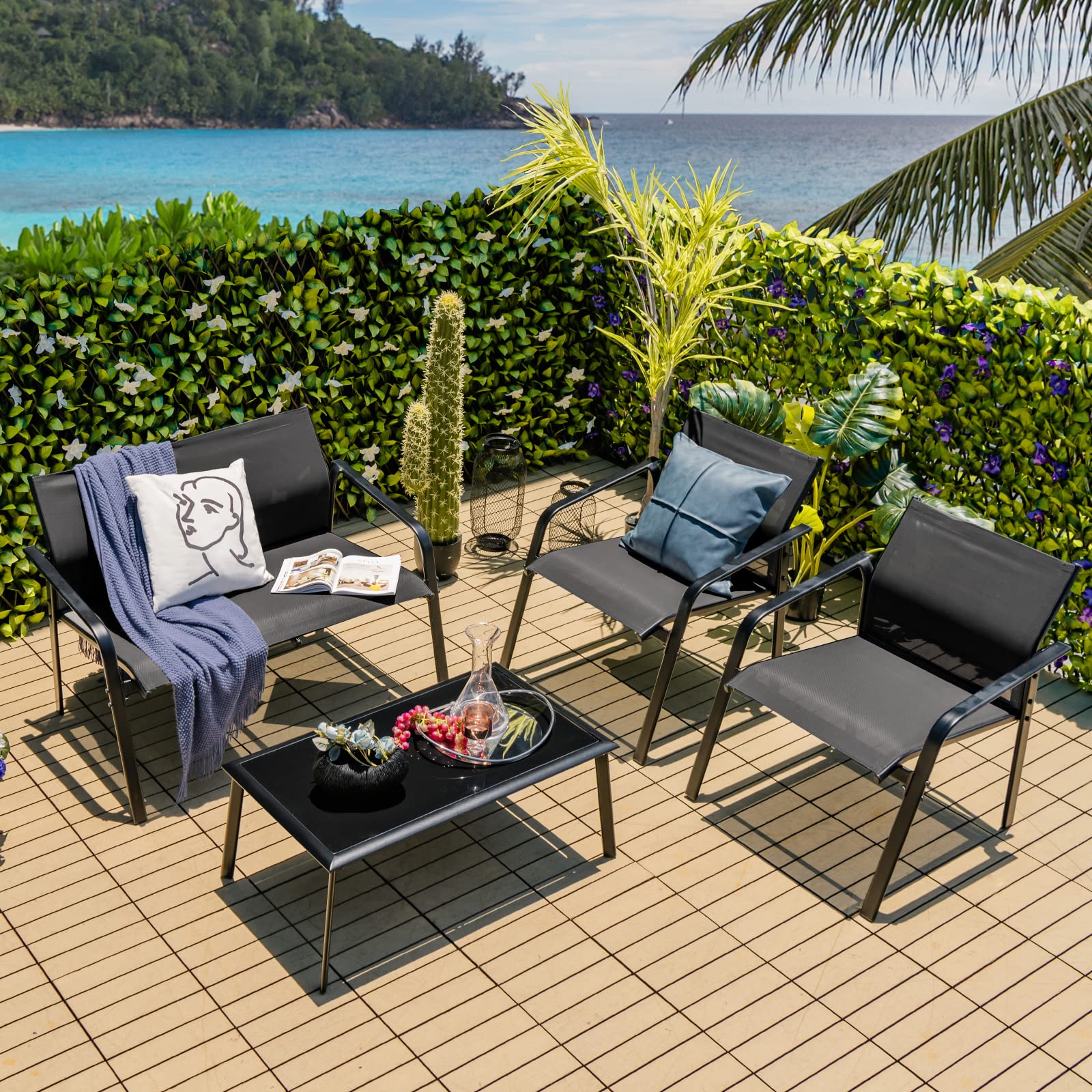 Tangkula 4 Pieces Patio Furniture Set, Outdoor Conversation Set with Tempered Glass Coffee Table