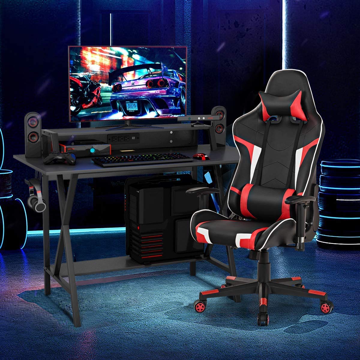 Tangkula Gaming Computer Desk with Monitor Shelf, Gaming Table Workstation with Cup Holder