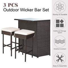 Patio Bar Set, 3 Piece Outdoor Rattan Wicker Bar Set with 2 Cushions Stools & Glass Top Table