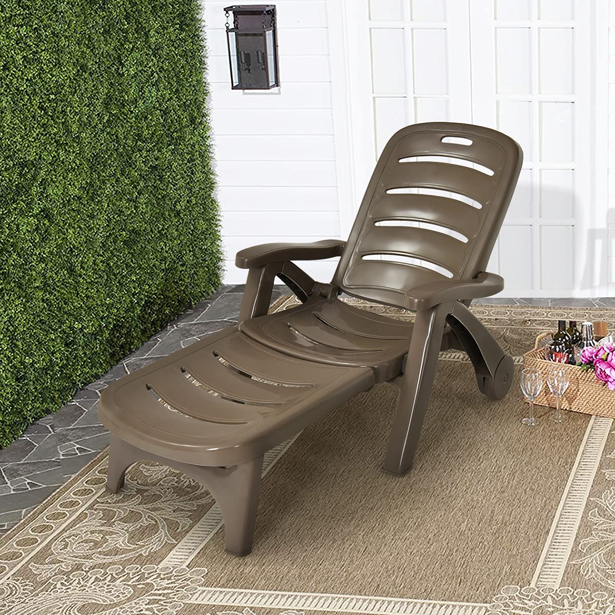 Outdoor Chaise Lounge Chair, Adjustable 5-Posistion Recliner Chair with Built-in Wheels