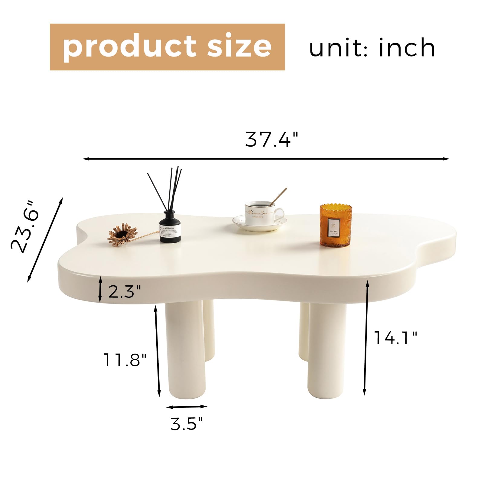 MAXYOYO Cloud Coffee Table, Modern End Table, Irregular Tea Table for Living Room, Bedroom White 37 Inch, 57 Pounds