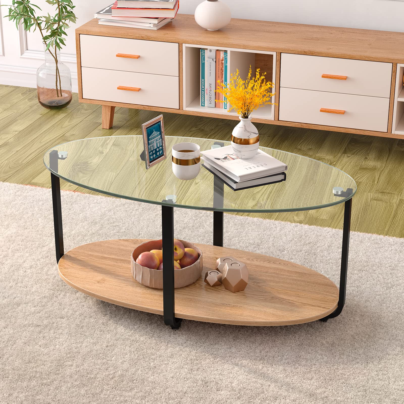 Tangkula Glass Coffee Table, 2 Tier Oval Tea Table with Tempered Glass Tabletop and Wooden Shelf