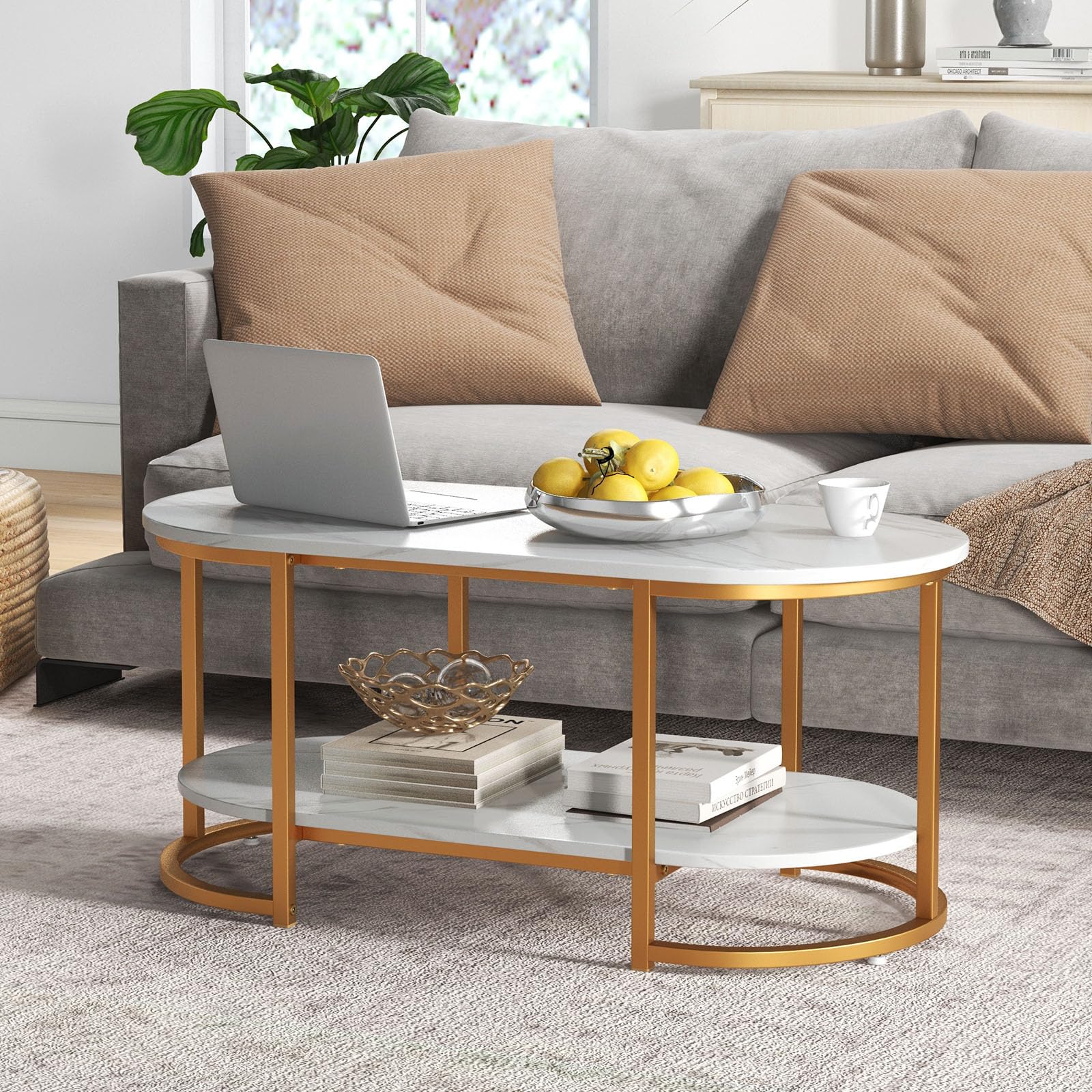 Tangkula Modern Coffee Table, 39” Oval Center Table w/White Faux Marble Top & Gold Finished Metal Frame (Modern, White, 39 Inch)