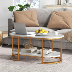 Tangkula Modern Coffee Table, 39” Oval Center Table w/White Faux Marble Top & Gold Finished Metal Frame (Modern, White, 39 Inch)