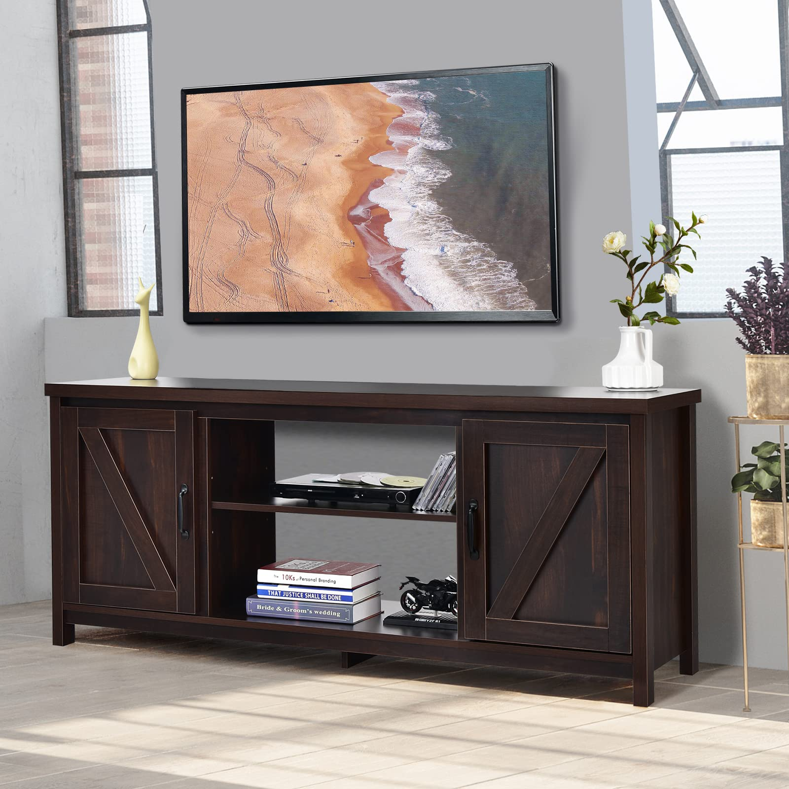 Tangkula Barn Door TV Stand, TV Console Table for TVs up to 65 Inch