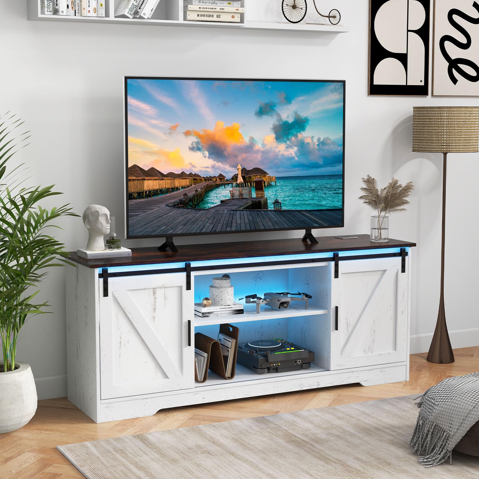 Tangkula LED TV Stand for 65” TVs, Sliding Barn Door Entertainment Center with Lights, Adjustable Brightness