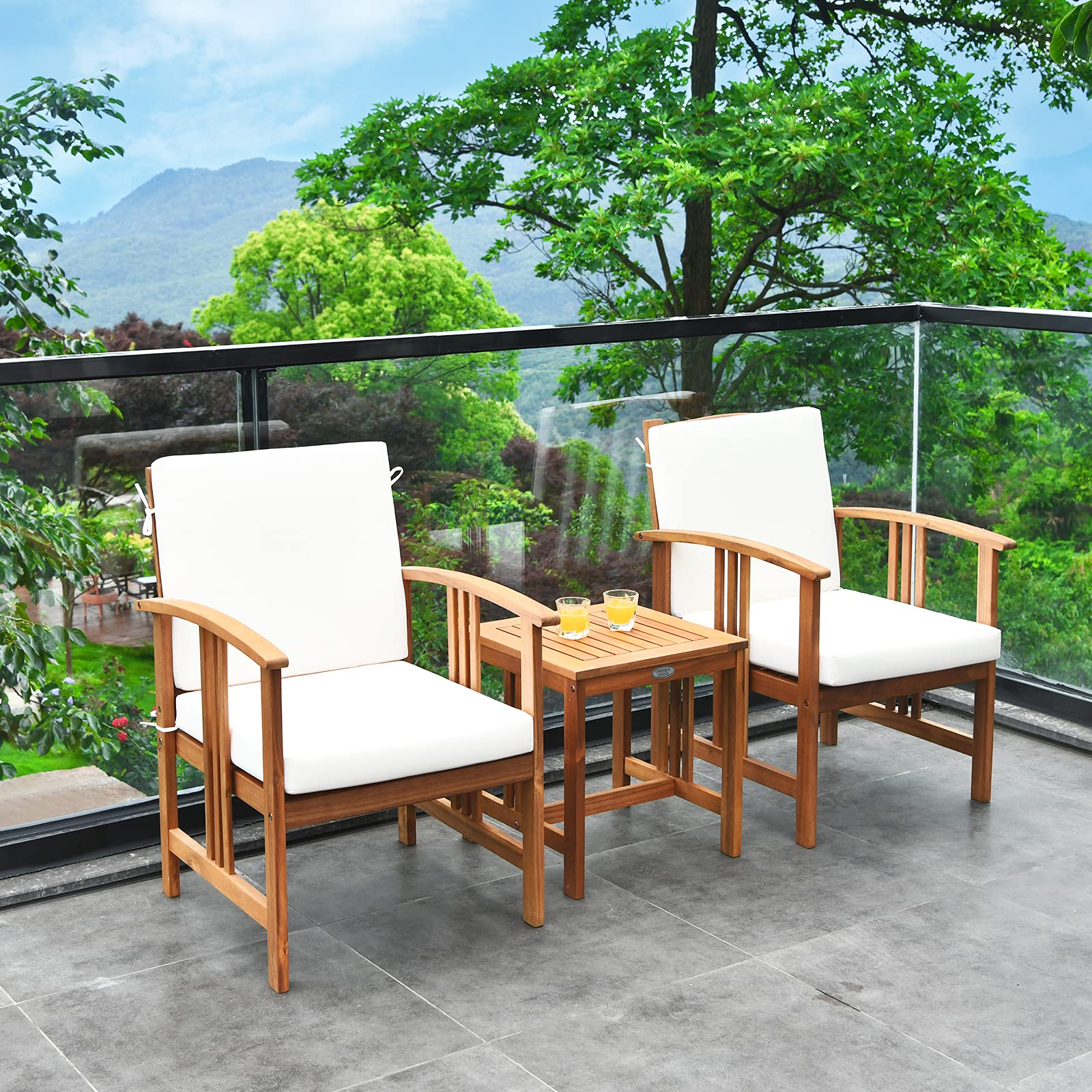 Tangkula 3-Piece Outdoor Acacia Wood Sofa Set w/Cushions