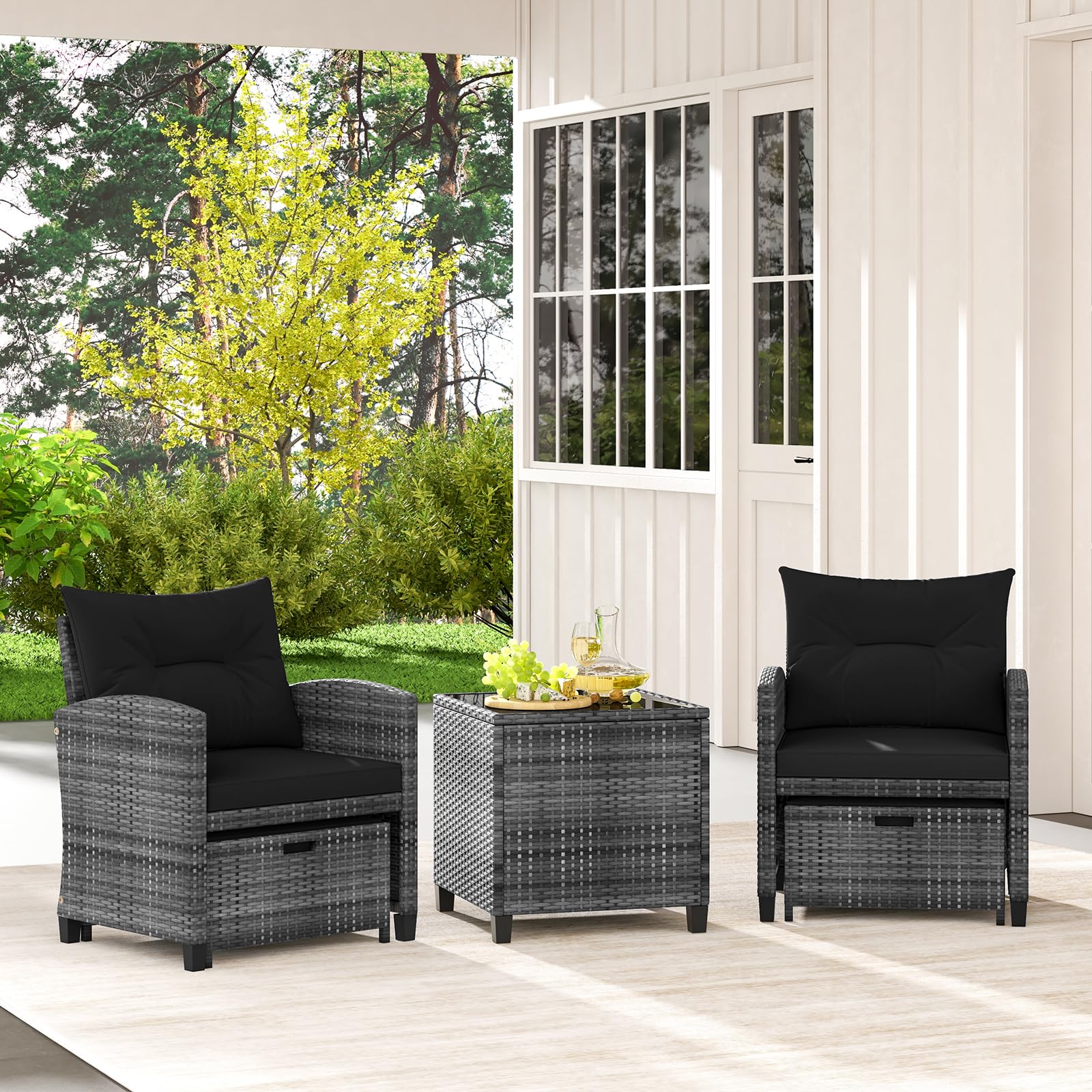 Tangkula 5 Piece Patio Rattan Furniture, Wicker Cushioned Chairs Set w/ 2 Ottomans & Tempered Glass Coffee Table