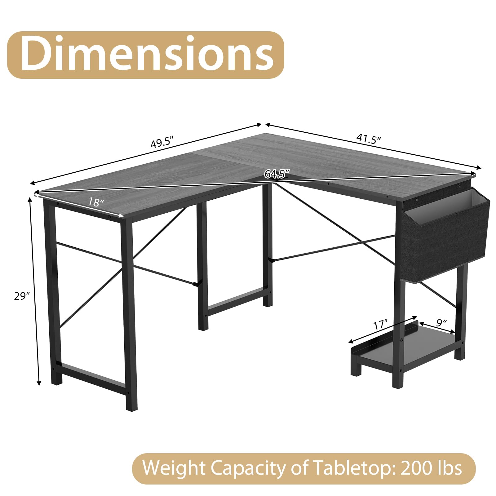 Tangkula L-Shaped Office Desk, Modern Reversible Computer Desk with Storage Pocket & CPU Stand (Dark Gray)