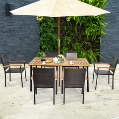 Tangkula 7 Pieces Patio Dining Set, Outdoor Dining Table Set with Acacia Wood Table Top, 6 Wicker Armchairs