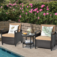 3 Piece Rattan Sofa Set, Patio Conversation Bistro Set w/Coffee Table