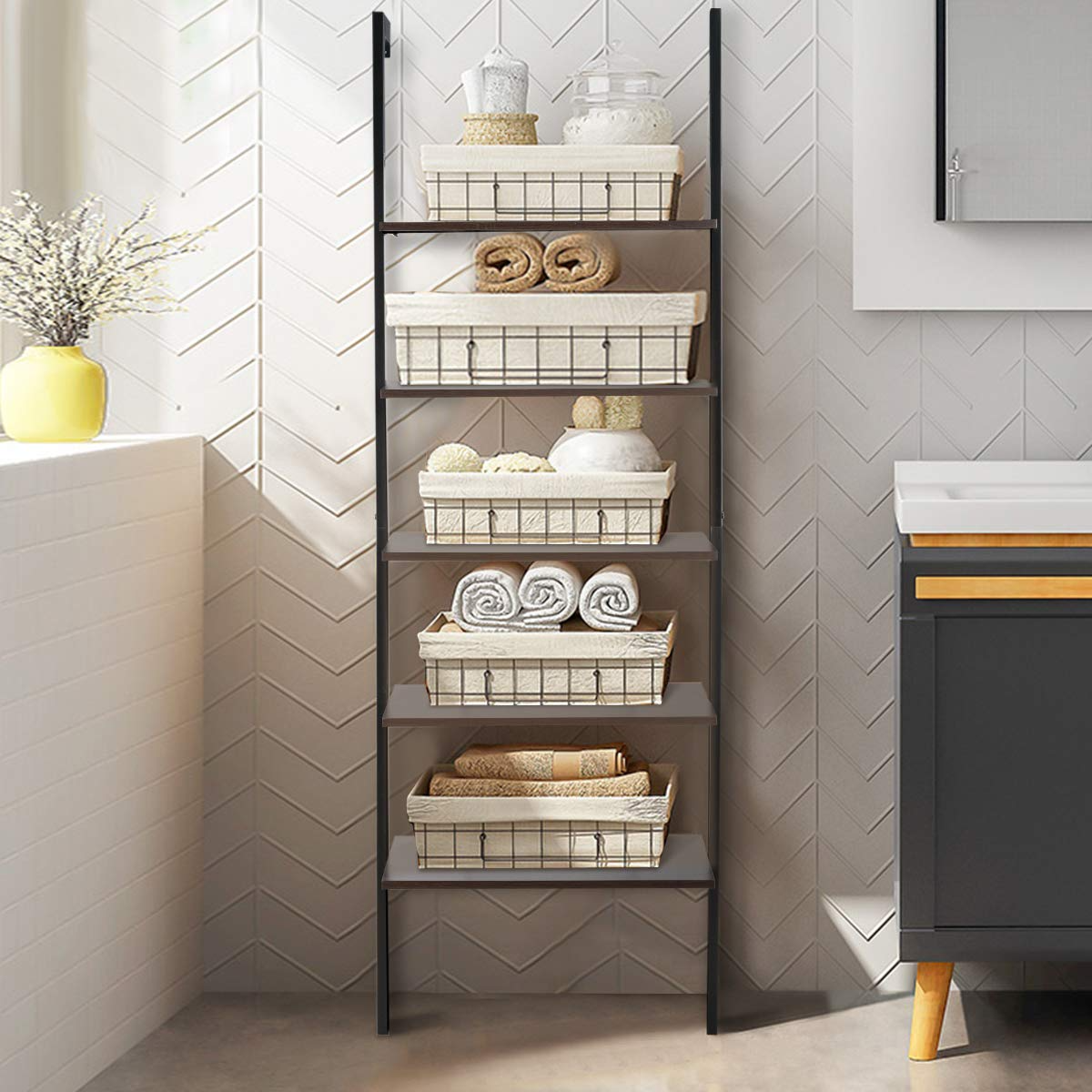 Tangkula Industrial Ladder Shelf Against The Wall, 5-Tier Wall Mount Ladder Bookshelf with Metal Frame